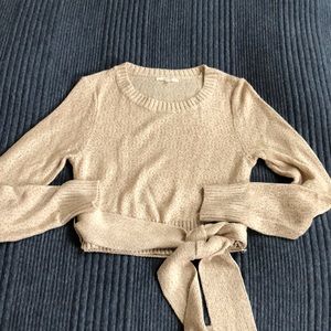 Tularosa light knit sweater crop top with tie at waist.